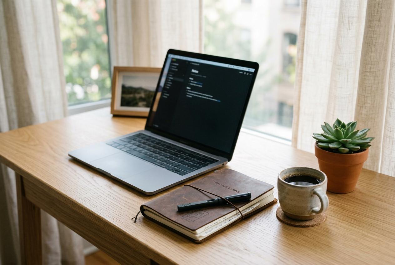 A clean modern oak desk with an open laptop, leather notebook, fountain pen, and coffee mug in soft window light