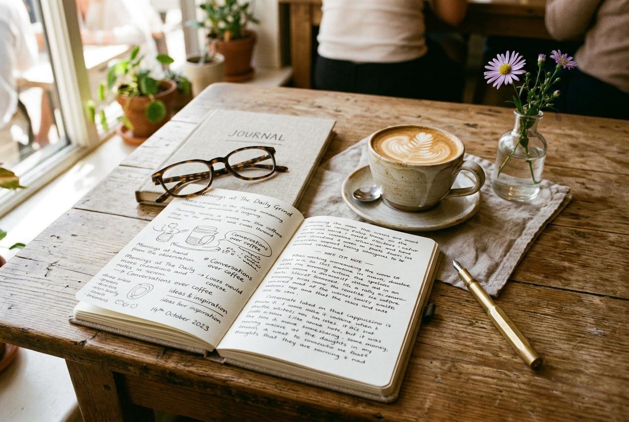 An open journal on a sunlit wooden cafe table with handwritten conversation ideas and a cup of cappuccino