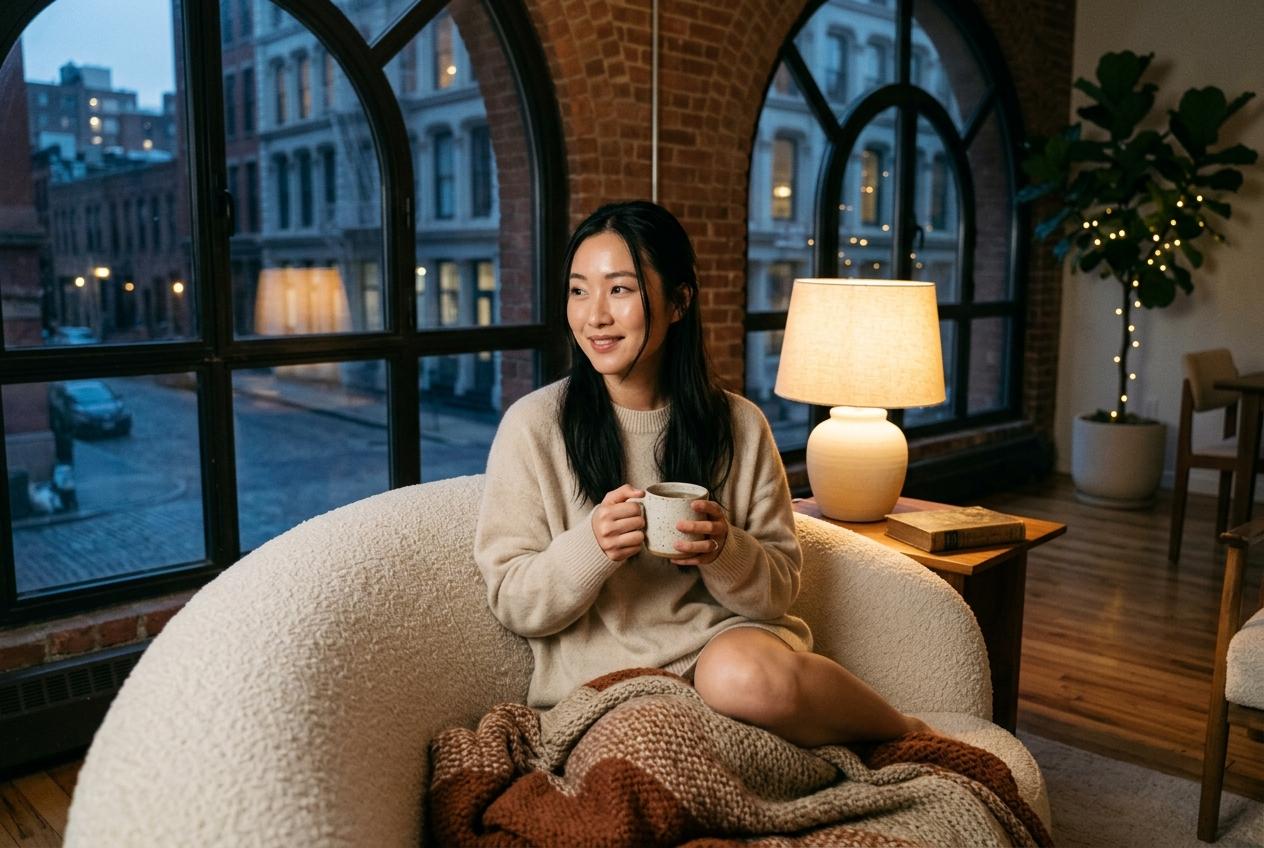 Lulu curled up on a curved bouclé armchair in her minimalist SoHo loft sipping tea at twilight with city lights outside