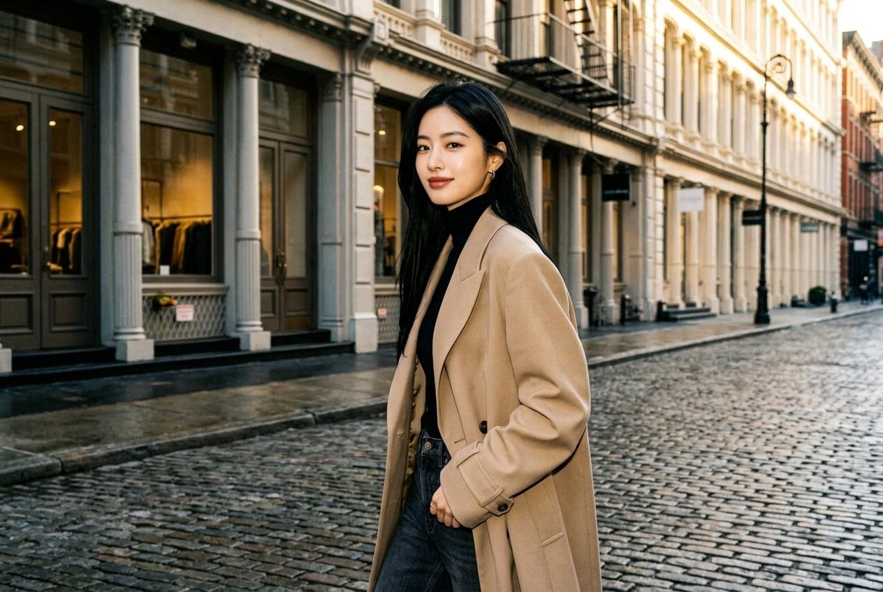 Lulu walking down a cobblestone street in SoHo New York in a tailored trench coat