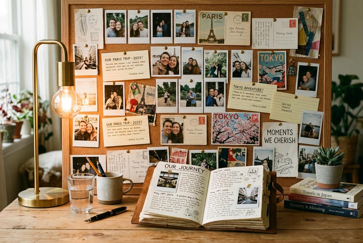 A memory corkboard with vintage polaroid photos, travel postcards from Paris and Tokyo, and an open leather journal