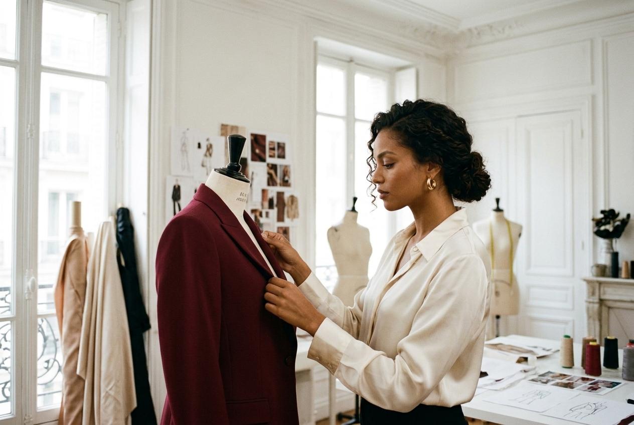 Camille in her Paris fashion styling atelier adjusting a tailored jacket on a mannequin