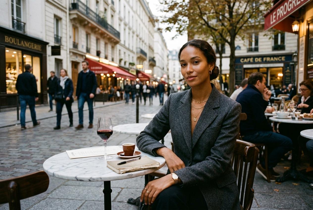 Camille sitting at an outdoor bistro table on Rue de Bretagne in Paris at dusk in a charcoal blazer