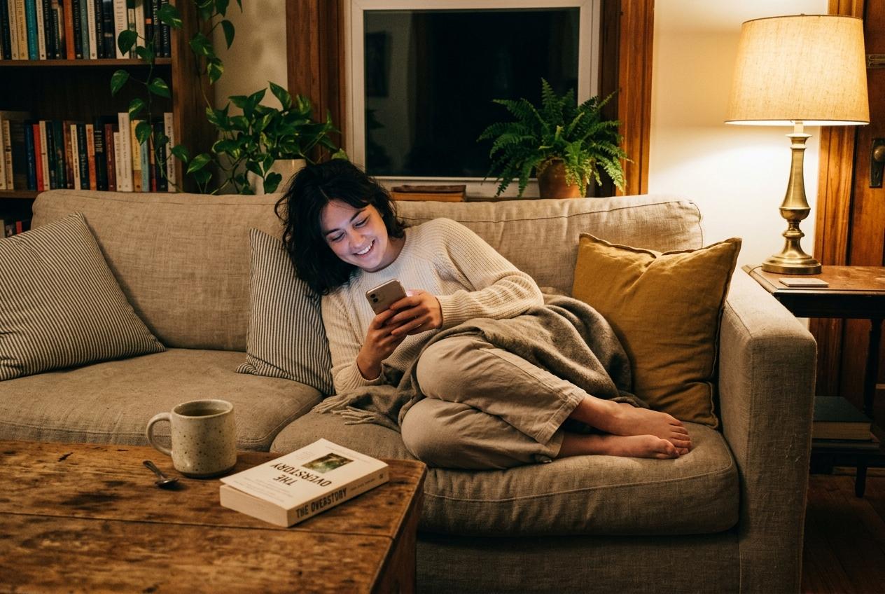 A person curled up on a sofa during a cozy late-night chat on their phone with a warm cup of tea