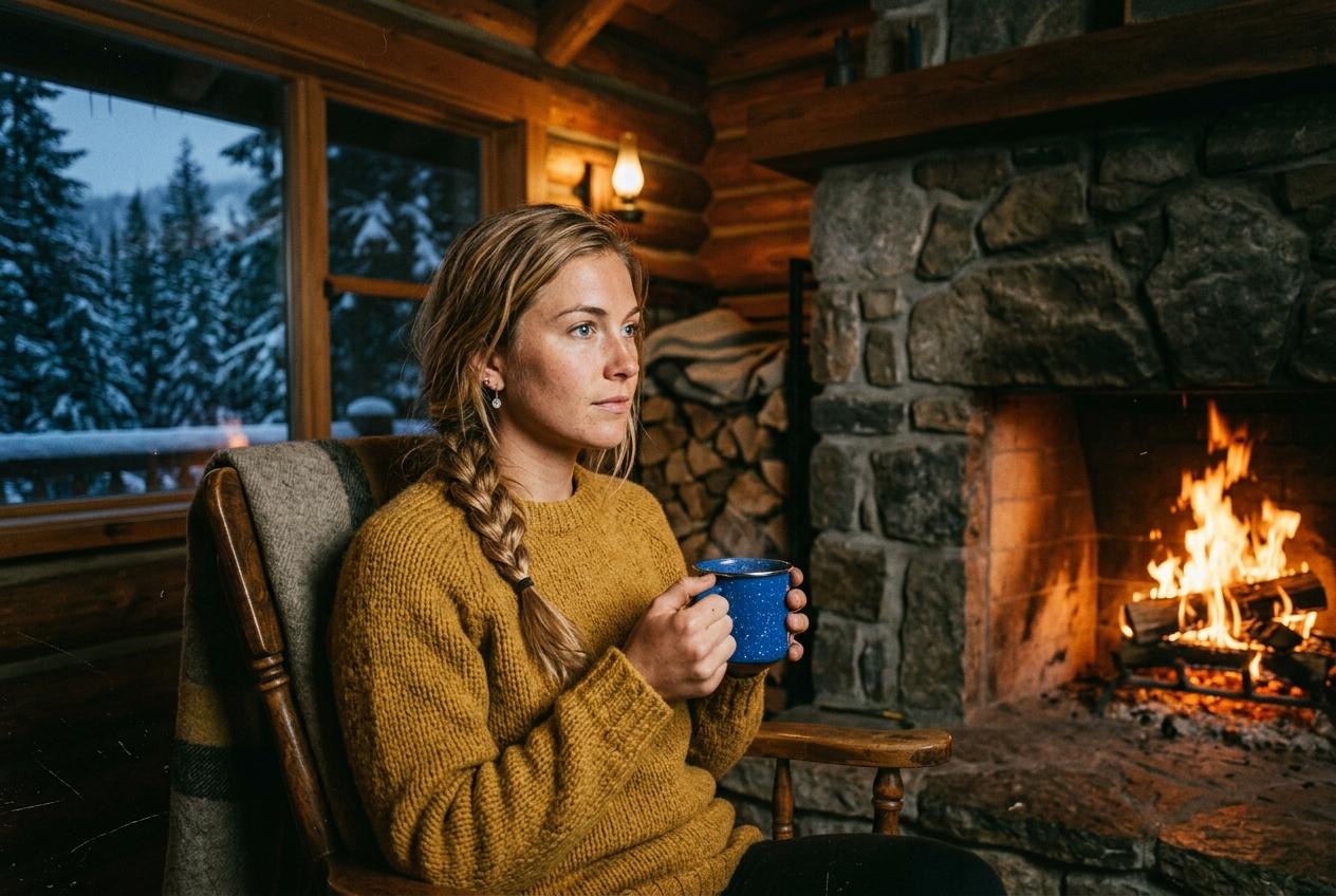 Freya sitting beside a roaring stone fireplace in her timber mountain cabin in Washington holding an enamel mug