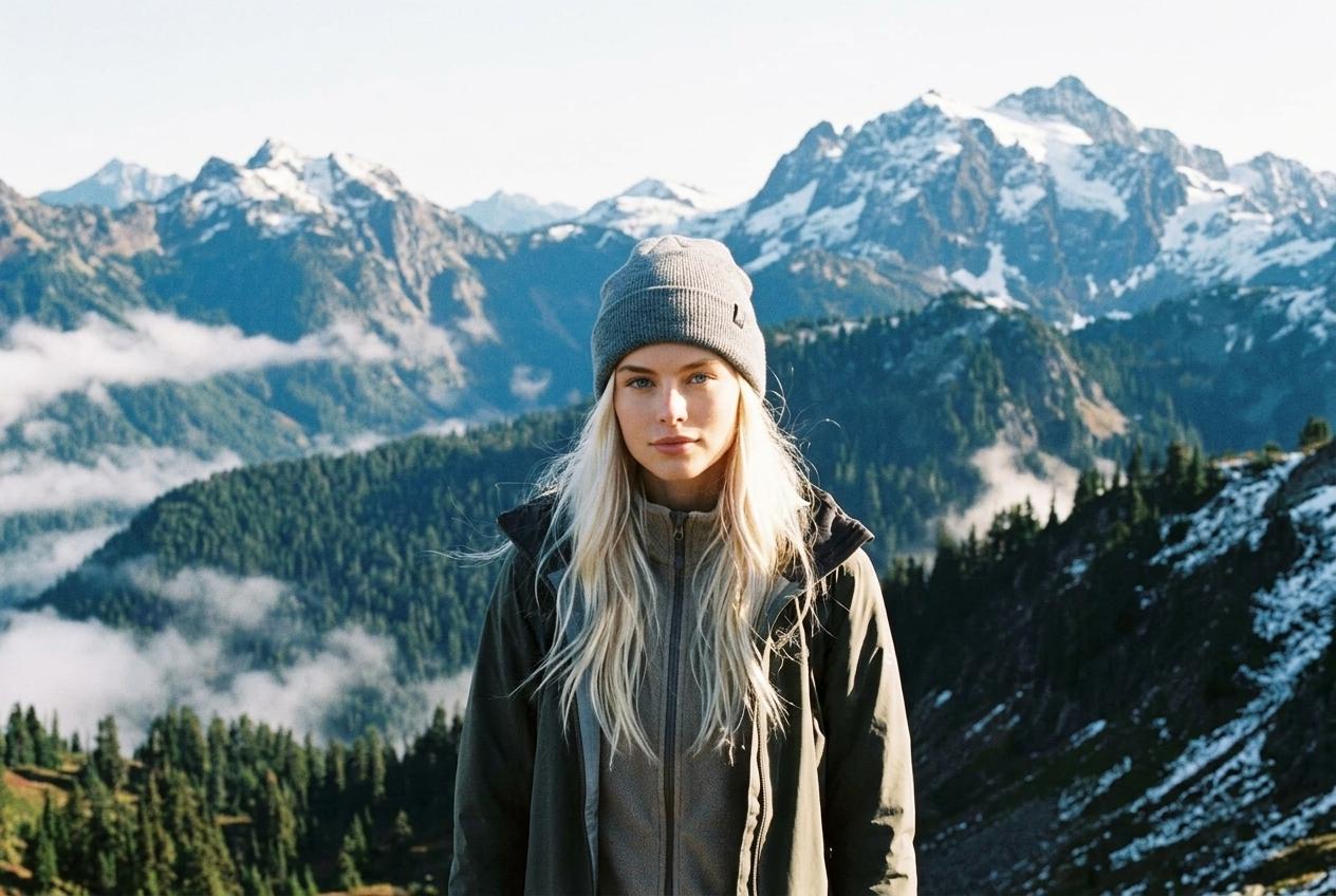 Freya on an alpine mountain ridge in Washington's Cascade Range overlooking misty pine valleys