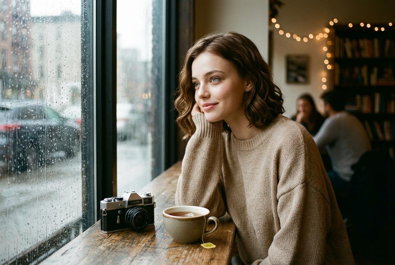 Hannah sitting by a rain-streaked window in a Brooklyn cafe with her 35mm film camera and a cup of tea