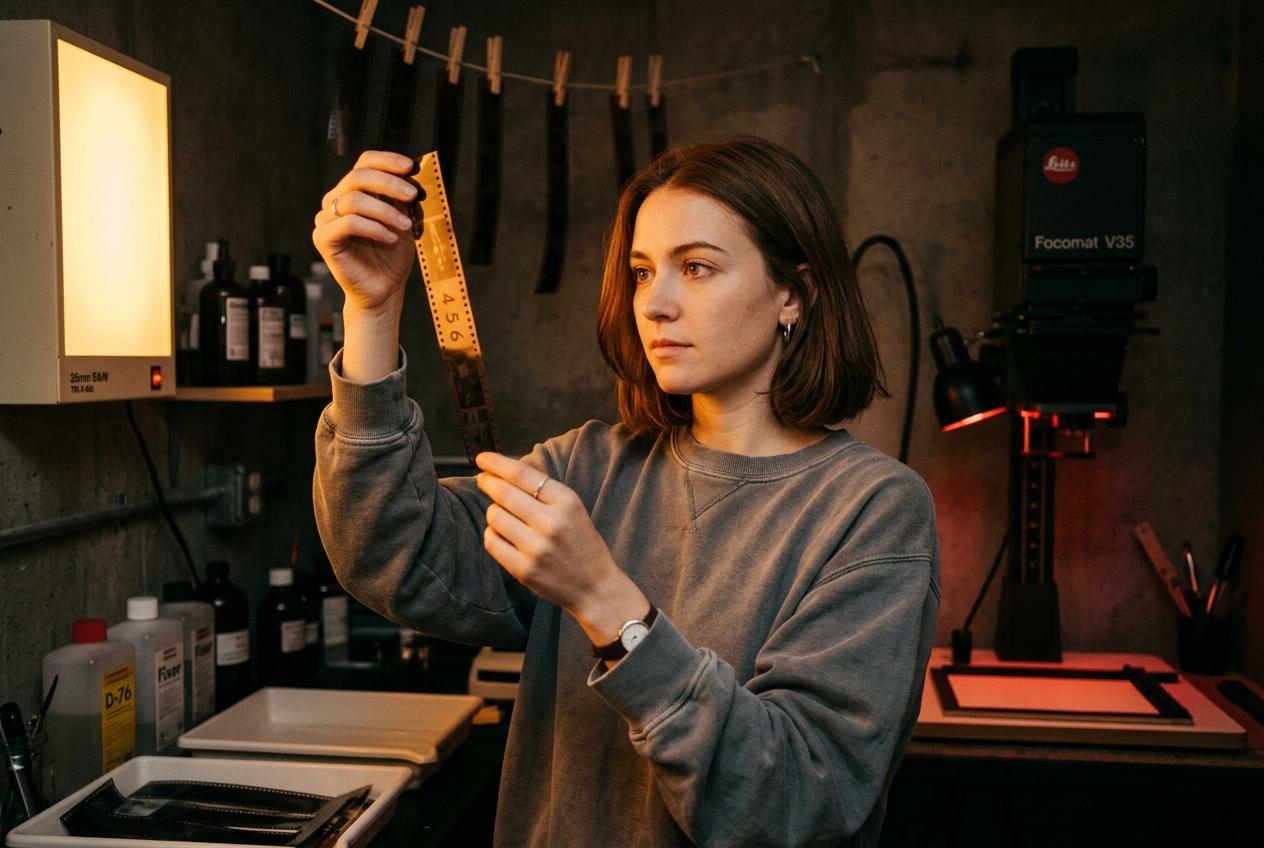 Hannah in her Gowanus darkroom examining black and white 35mm film negatives under warm safelight