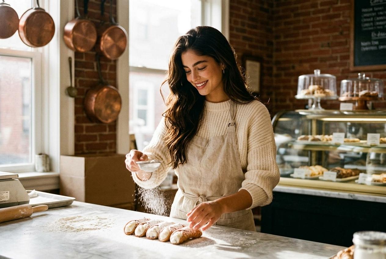 Izzy dusting powdered sugar on fresh cannoli at her artisan bakery in Boston's North End
