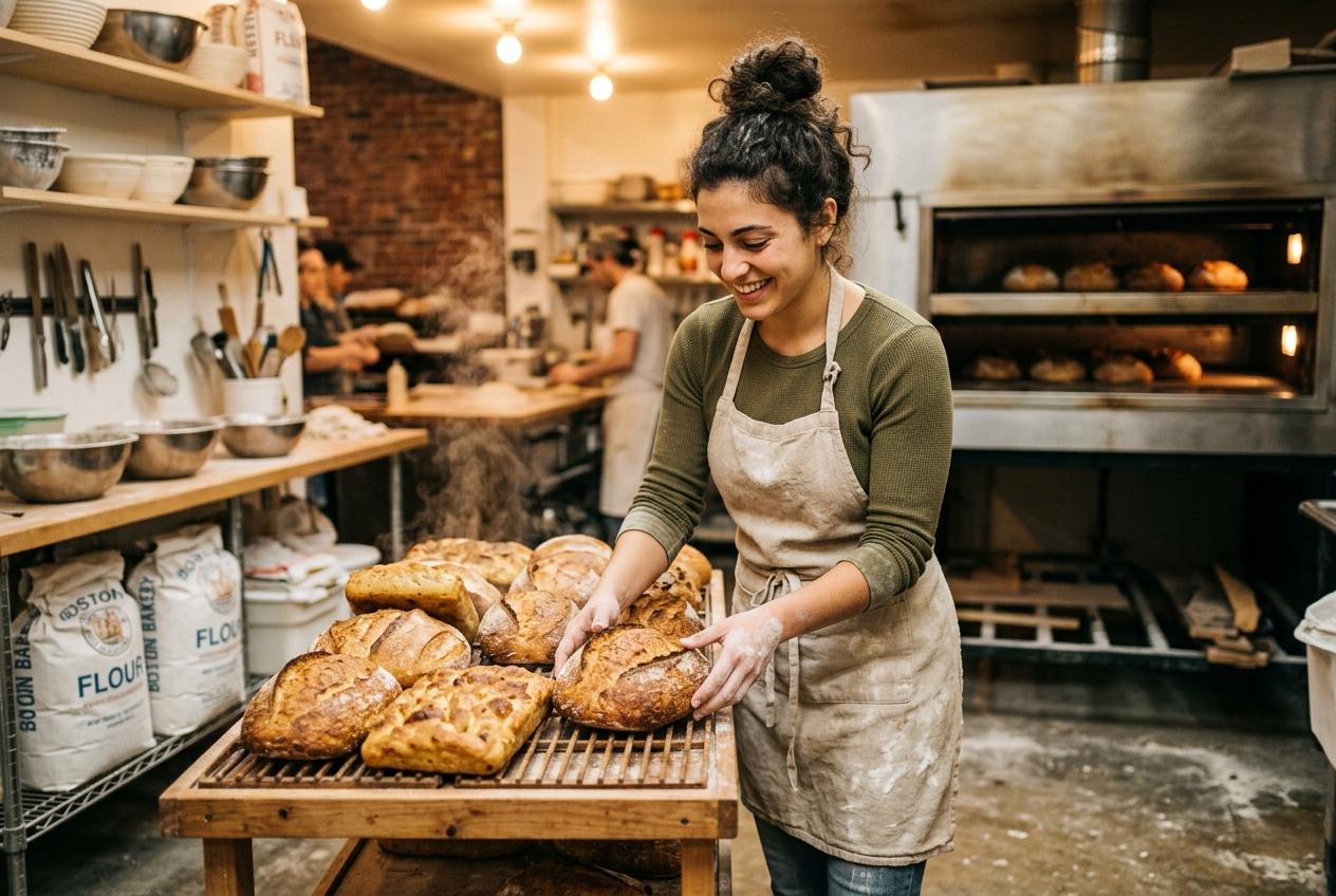 Izzy checking golden sourdough and brioche loaves in her warm Boston bakery kitchen at dawn with flour on her apron