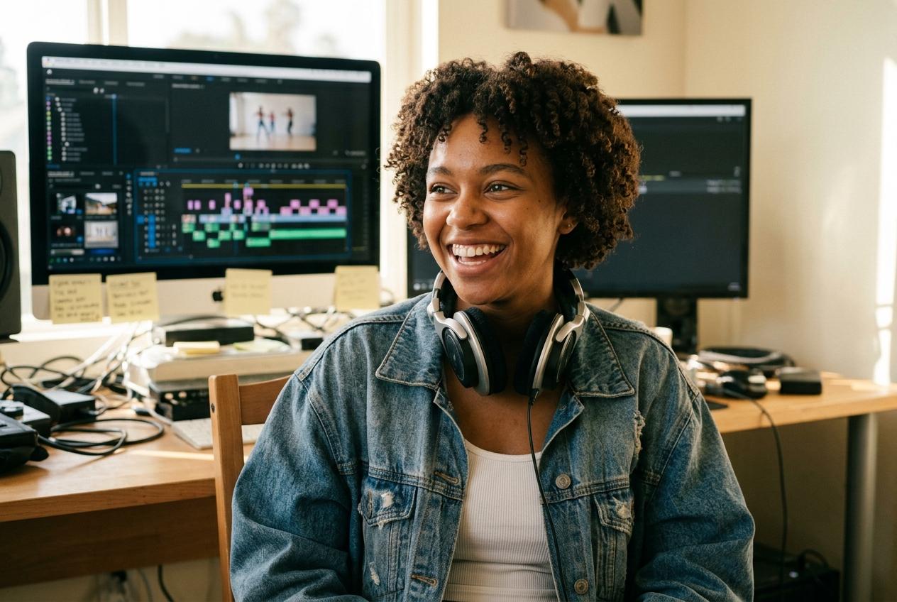 Maya laughing while seated at a sunlit video editing desk in her Venice Beach studio with headphones resting on her shoulders