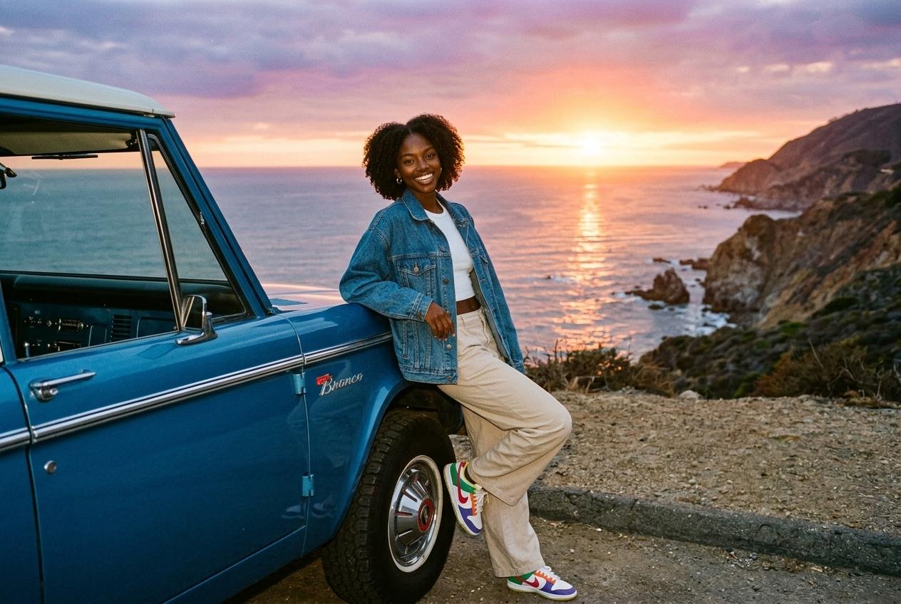 Maya leaning against a vintage car on a coastal Pacific Coast Highway overlook at sunset in California