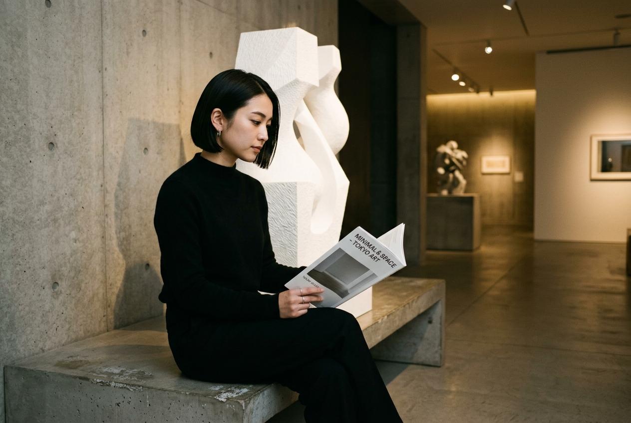 Naomi sitting quietly after hours in a minimalist Tokyo art gallery reading an exhibition catalogue