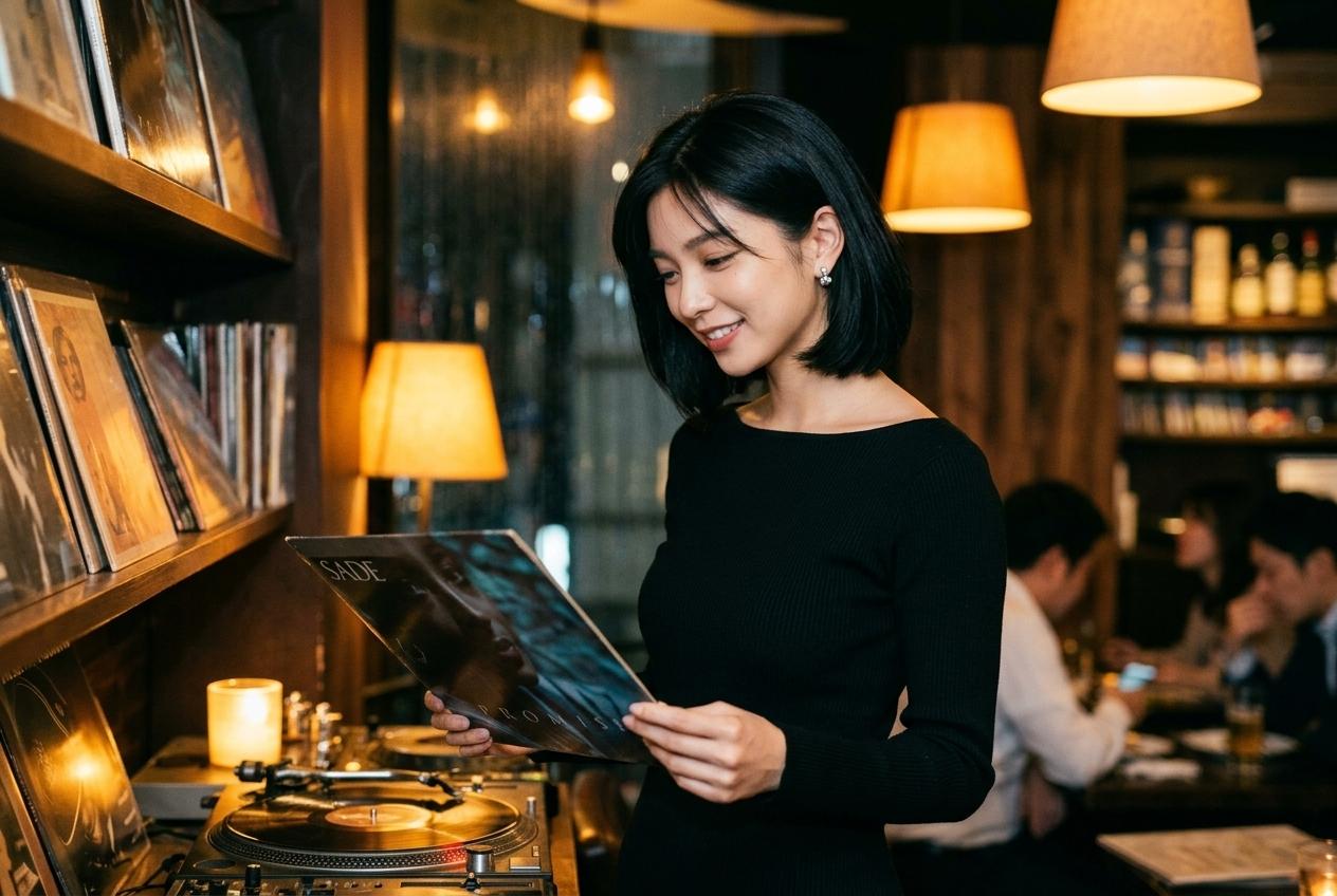 Naomi holding a vinyl record album at a warm Tokyo listening bar with turntables and shelves of records