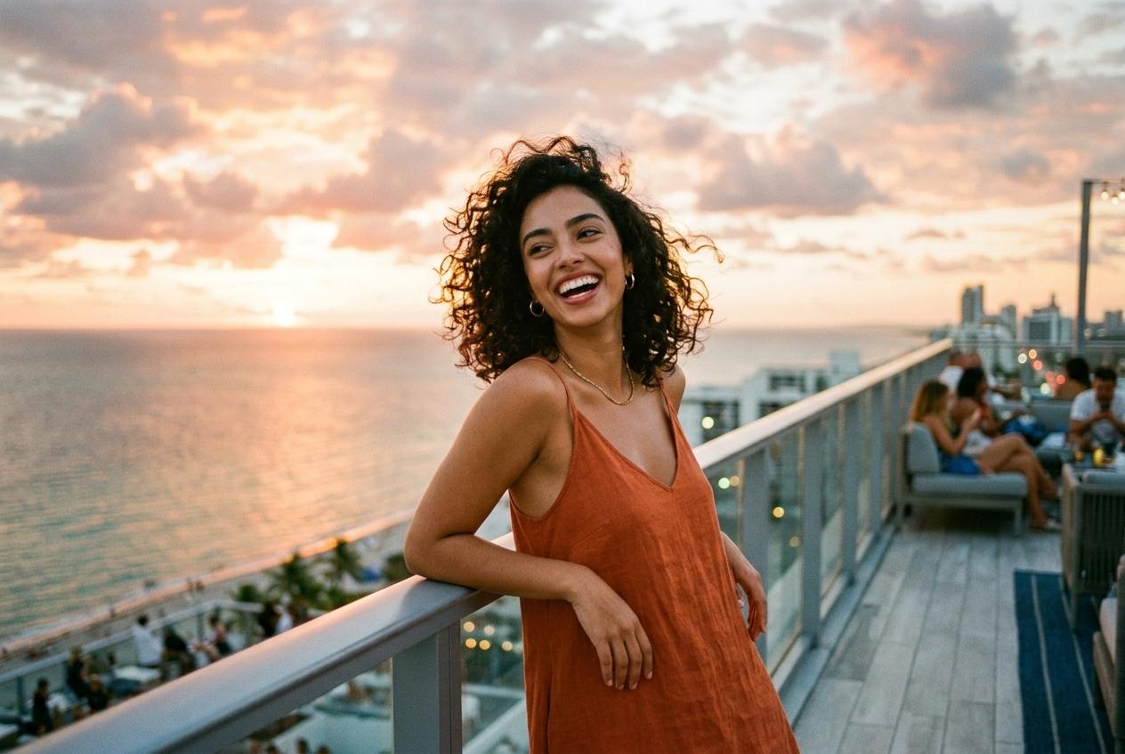 Valentina on a Miami rooftop terrace laughing at sunset with the Atlantic ocean behind her